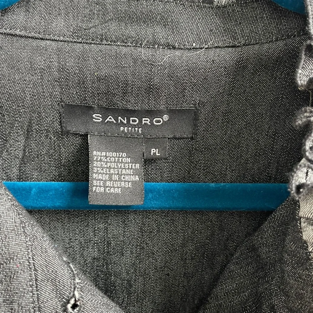 Sandro Petite‎ Denim Jacket Womens PL Gray Ruffle Trim Coquette Brass Button